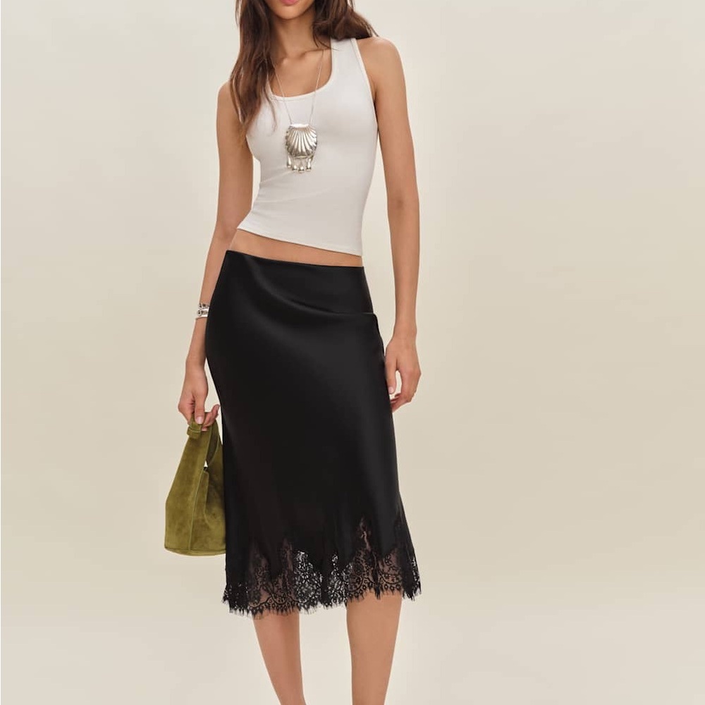 & Other Stories Black Satin Lace Midi Skirt